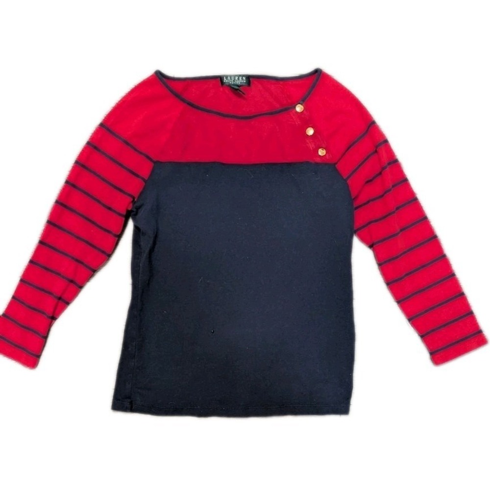 Ralph Lauren‎ PL Boat Neck Top Red Navy Stripes 3/4 Slv Gold Buttons Nautical